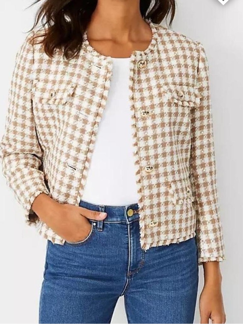 Ann Taylor Tweed Fringe Blazer Jacket tan and white sz 6 M medium